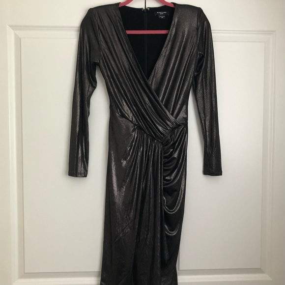 Guess Marciano | Black Metallic Silver Midi Wrap Dress NWOT - Picture 4 of 11